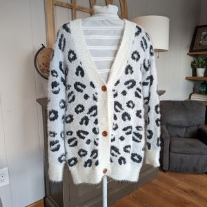 Fuzzy animal print cardigan